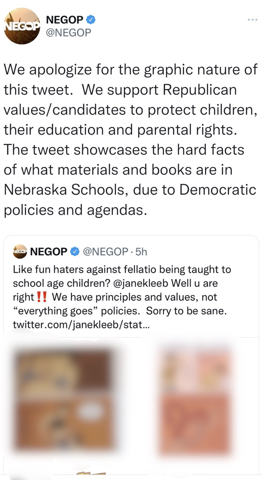 his is a blurred screen capture of the second tweet that the Nebraska Republican Party sent out using its official Twitter account. The image has been blurred here to prevent sharing sensitive content.