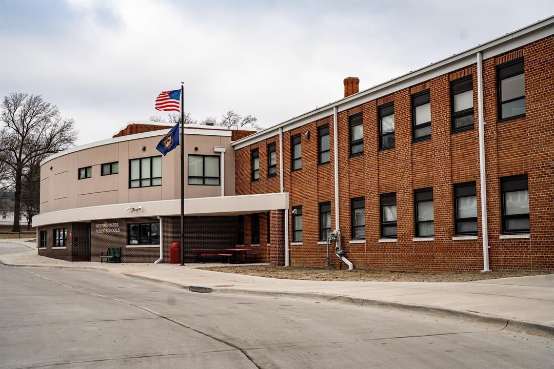 An exterior photo of Weeping Water Public Schools during a recent school day. The school’s 299 students attend classes in this building.
