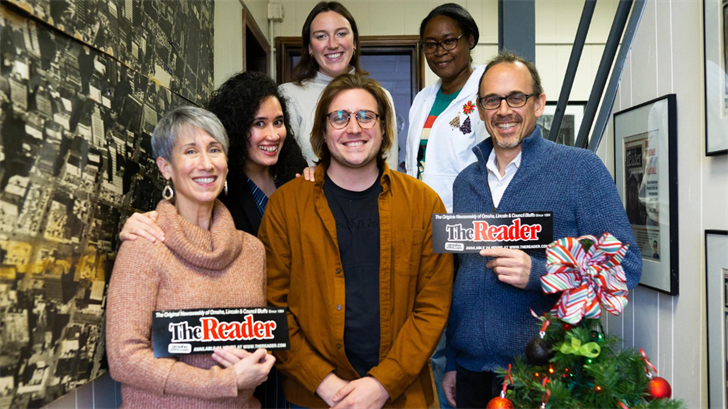 The staff of The Reader, Omaha's longtime alternative newspaper, pose for a photo ahead of its final issue. Back row, from left: Karlha Velásquez, Bridget Fogarty and Tylonda Sanders. In front: Lynn Sanchez, Chris Bowling and John Heaston.