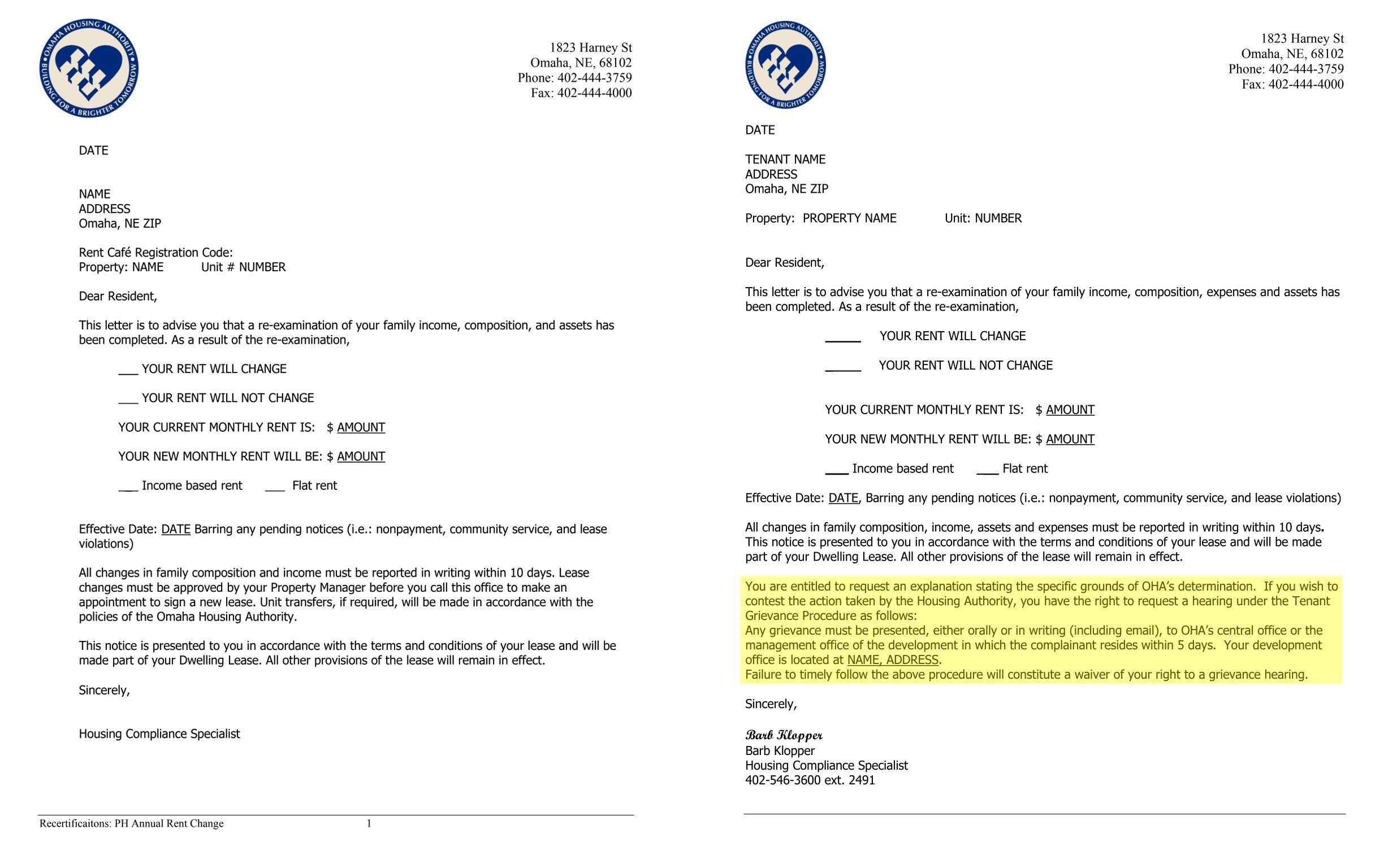 The Omaha Housing Authority in September added language about tenants&rsquo; right to appeal to a notice informing them of rent changes. On the left is the old letter. The new one is on the right.