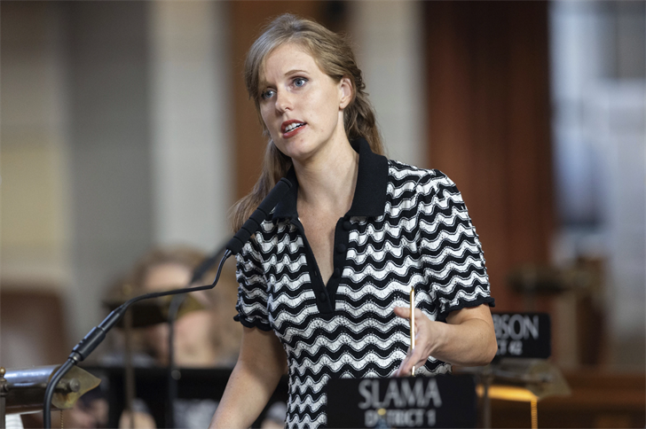 State Sen. Julie Slama speaks on the legislative floor of the Nebraska State Capitol during the 108th Legislature 1st Special Session, Aug. 8, 2024, in Lincoln, Neb. (AP Photo/Rebecca S. Gratz, File)